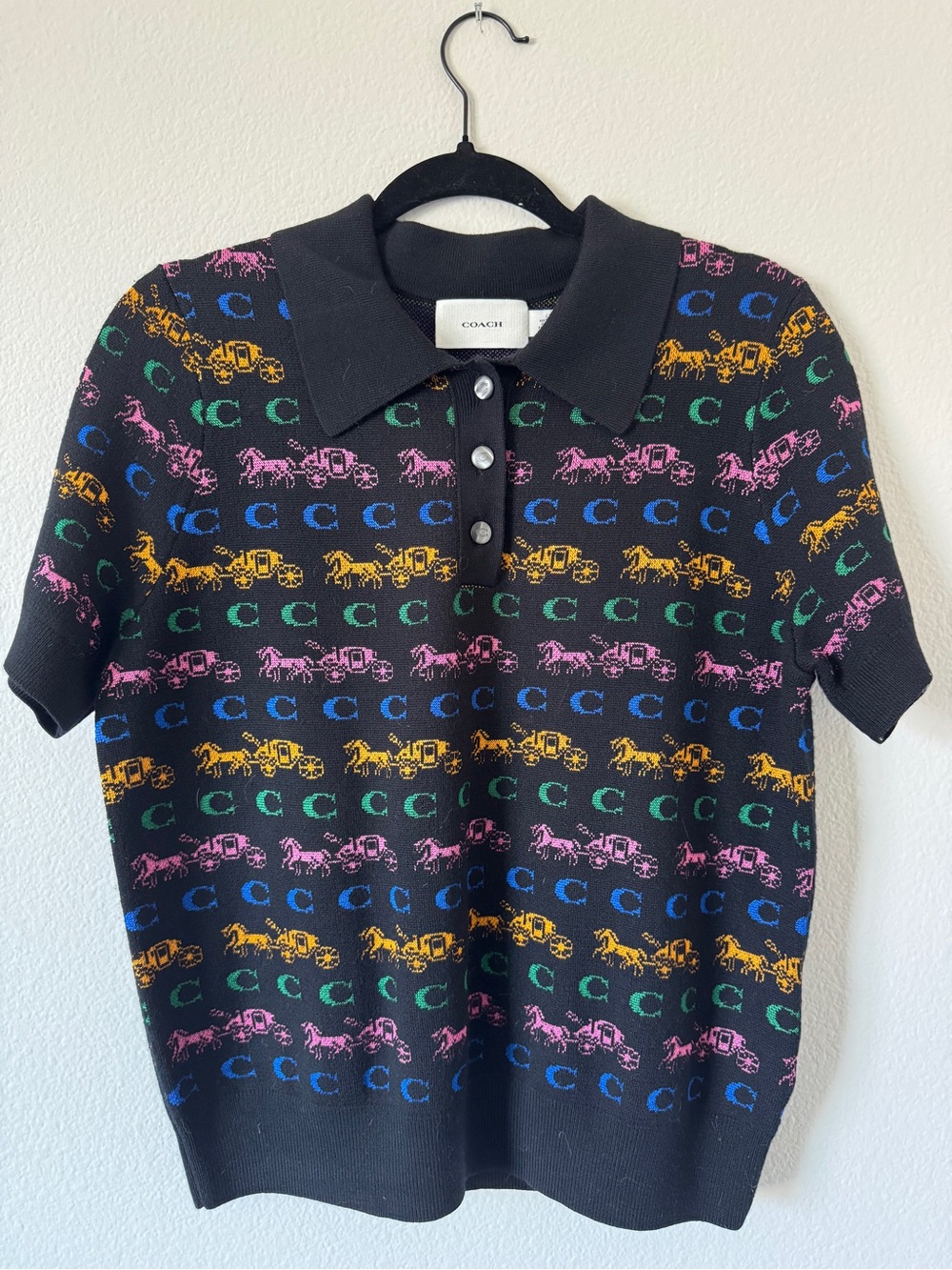Coach Black Polo Sweater with Multicolor Horse & Carriage Motif